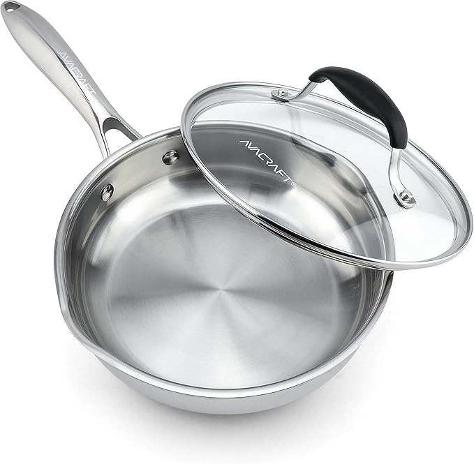 AVACRAFT 18/10 8 Inch Stainless Steel Frying Pan with Lid, Side Spouts, Induction Pan, Versatile Stainless Steel Skillet, Fry Pan in our Pots and Pans (Stainless Steel, 8 Inch)