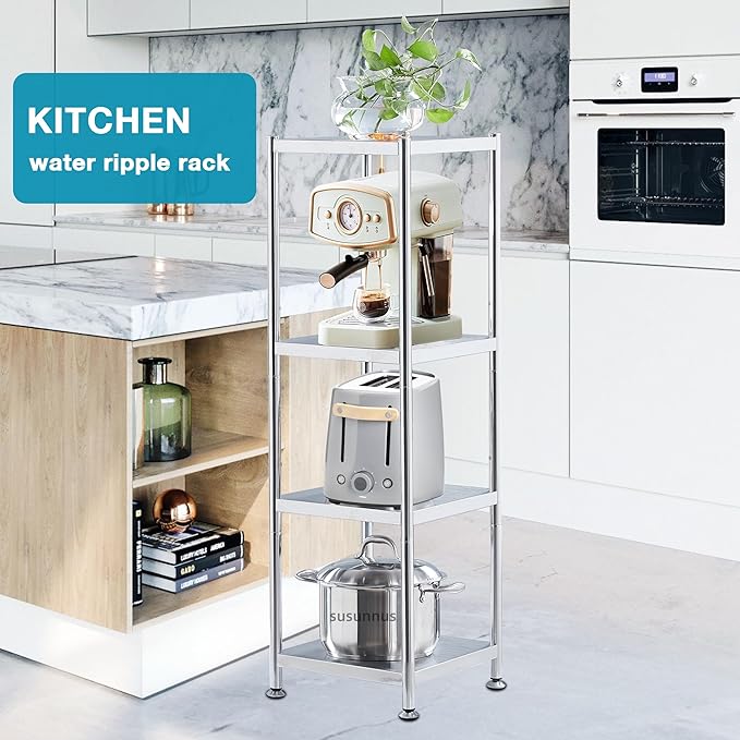 susunnus Stainless Steel Shelves 13.8in-4 Tier, Corner Shelf, Storage Shelves, Narrow Metal,Stainless Steel Shelf, Kitchen Storage Rack for Small Spaces Tall Skinny Shelf