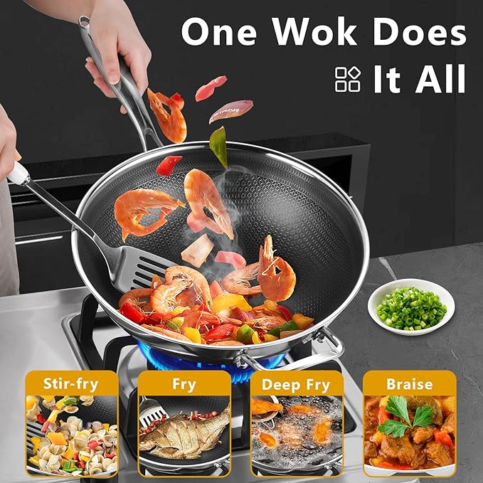 Hybrid 12 Inch Wok Pan with Lid, 5QT Stainless Steel Deep Woks & Stir-fry Pans with Flat Bottom, Stay-Cool Handle, Induction & Dishwasher & Oven Safe, Non Toxic, PFOA Free Skillet Cookware