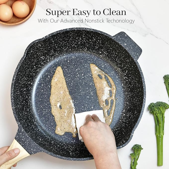12 In Deep Frying Pan Nonstick with Lid and Strainer, 5.5 Quart Saute Pan, Granite Chef Skillet No stick for Cooking, 100% PFOA Free Non Toxic Fry Pan for All Stove top Gas Induction