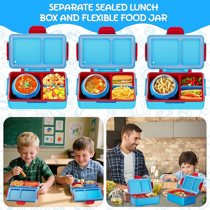 SHPMXUPW Kids Bento Lunch Box – 12 oz Stainless‑Steel Soup Thermo & 3‑Compartment Leak‑Proof Food Container with Built‑In Ice Pack, Insulated Food Jar for Boys & Girls, School & Travel