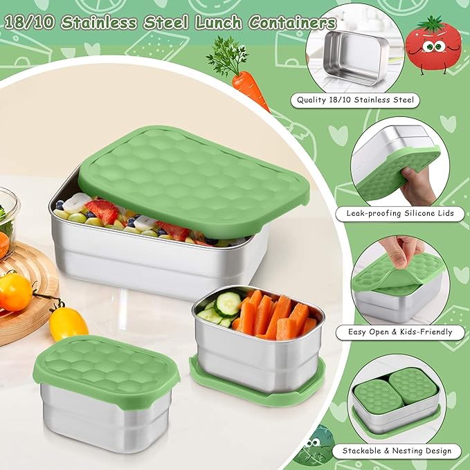 Homikit 3 Pack Kids Lunch Box Set, 18/10 Stainless Steel Bento Boxes with Silicone Lids Leak Proof, 5 Cups Reusable Metal Food Snack Containers for School Daycare, Nontoxic & Dishwasher Safe, Green