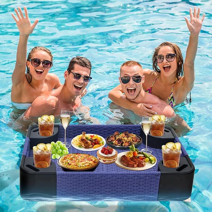 COOS BAY 35''x24'' Rectangular Floating Drink Holder for Pool and Hot Hub, Large Floating Serving Tray with Handles, Wicker Floating Pool Tray for Food and Drinks, Blue