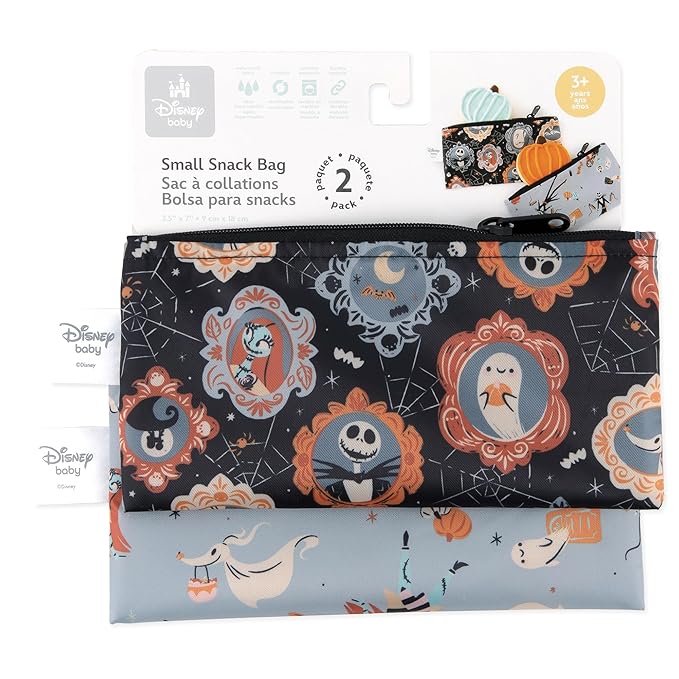 Bumkins Disney Reusable Snack Bags, for Kids School Lunch and for Adults Portion, Washable Fabric, Waterproof Cloth Zip Bag, Supplies Travel Pouch, Food-Safe Storage, 2-pk Nightmare Before Christmas