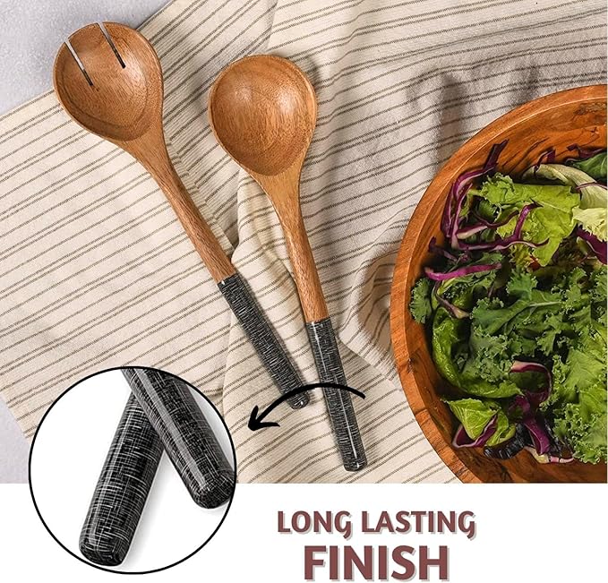 Folkulture Salad Servers or Salad Tongs | Set of 2 (12") Serving Spoons in Kitchen Essentials or Salad Hands Set | Wooden Salad Tongs for Serving | Christmas Gifts for Women Unique
