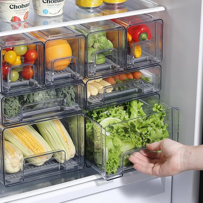 Plastic Clear Fridge Storage Organizer with Drawers & Drainer - Stackable Bins for Kitchen Fruit & Veggie Organization (2PCS, Medium)