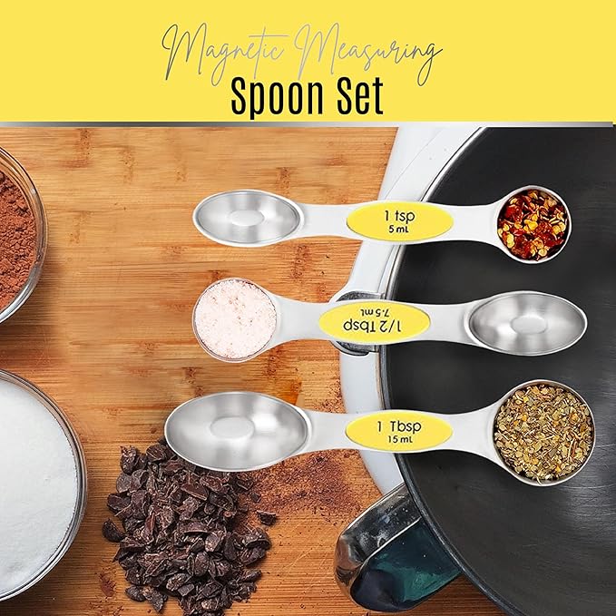 Magnetic Measuring Spoons Set of 9 Stainless Steel Dual-Sided Stackable Measuring Spoon Nesting Teaspoons Measuring Dry and Liquid Ingredients, Fits in Spice Jars Set of 9 (Yellow)