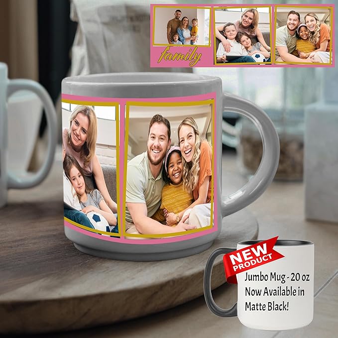 Custom Photo Ceramic Coffee Mug, Jumbo Sized-20oz, Glossy or Matte Finish (Framed 3 Images)