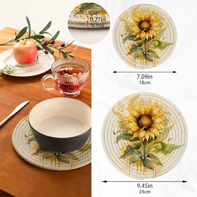 Sunflower Watercolor Kitchen Trivets Pot Holders Set of 2, Trivets for Hot Pots Dishes Woven Trivet Coaster Pad Mat for Counter