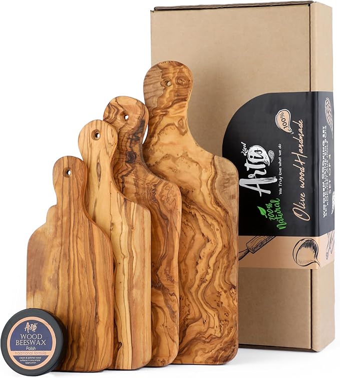Premium Olive Wood Cutting Board Set of 4 - Handcrafted Sustainable Olivewood Boards with Beeswax Finish (9.05", 10.62", 11.81", 13.38") - Eco-Friendly, Durable, Knife-Friendly & Moisture-Resistant