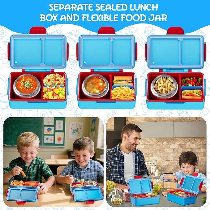 Kids Bento Lunch Box – 12 oz Stainless‑Steel Soup Thermo & 3‑Compartment Leak‑Proof Food Container with Built‑In Ice Pack, Insulated Food Jar for Boys & Girls, School & Travel