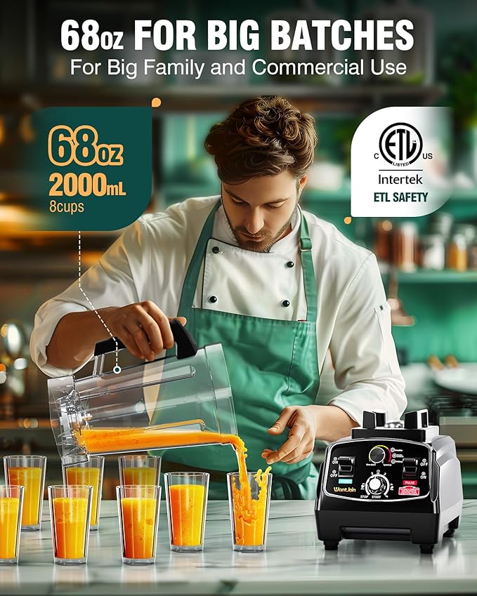 WantJoin Professional Blender, ETL listed 68oz Commercial Blender for kitchen Max 1800W High Power Home and Commercial with Timer, Smoothie Maker 2200ml for Crushing Ice, Frozen Dessert, Soup,fish