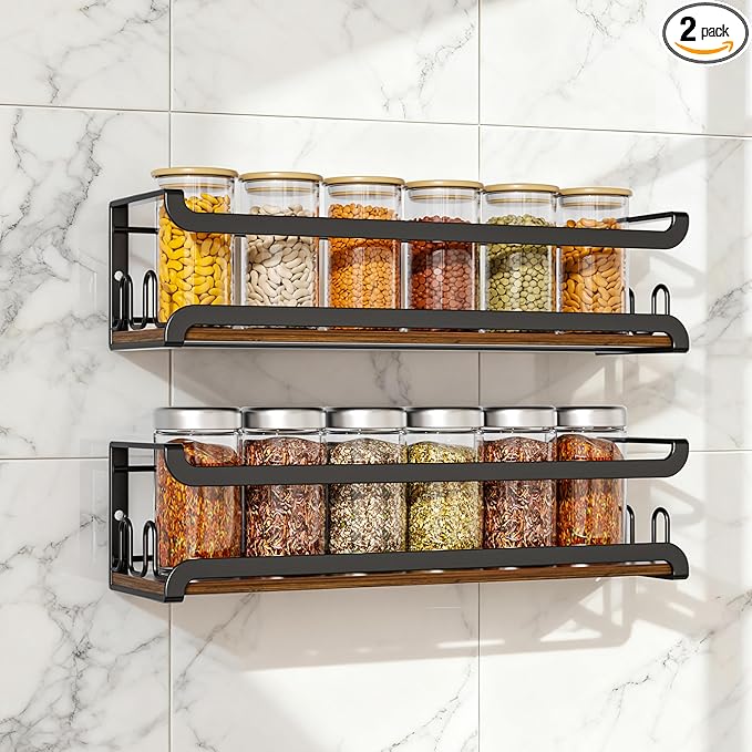 Doakhirmit Wall Mounted Spice Rack with 16 Hooks, Rustic Wood Spice Organizer Shelf for Stove Cabinet Pantry Door,Screw or Adhesive Hanging Spice Shelf,Wall Spice Rack in Kitchen and RV,2 Pack