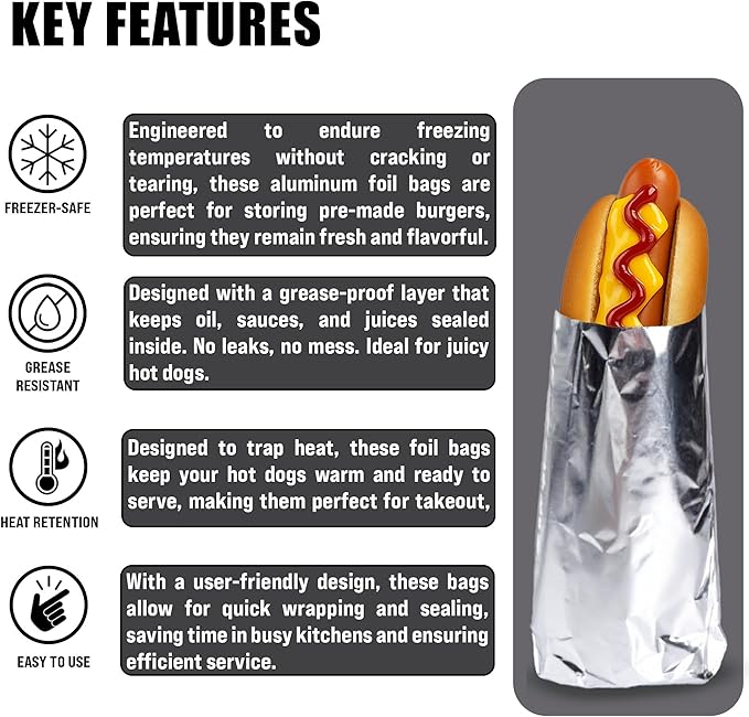 C&S Event Supply Co. Silver Foil Hot Dog Bags - 9'' Unprinted Hot Dog Wrappers - Grease Resistance Food Bags to Keep Food Hot and Non-Messy - 50 Pack Disposable Hot Bags for Fast Food and Food Truck