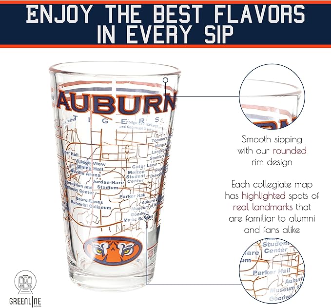 Greenline Goods – University of Auburn Tigers College Pint Beer Glasses (Set of 2), 16 oz – Full-Color Logo + Campus Map