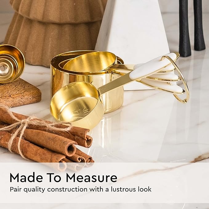 White and Gold Measuring Cups and Spoons Set – 8-Piece Stackable Stainless Steel Measuring Set – Stylish Gold Kitchen Accessories for Precise Baking and Cooking, Ideal Gift for Bakers and Chefs
