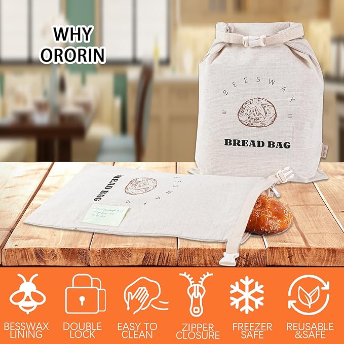 ORORIN Beeswax Bread Bags for Sourdough,Reusable Linen Waxed Sourdough Bread Bags for Homemade Bread,Bread Storage Container to Keep Fresh,Zipper Freezer Bags,Sourdough Accessories (2-Pack)