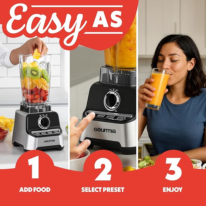 Gourmia Heavy Duty Countertop Blender – 2L BPA-Free Pitcher, 1500W High-Speed Motor, 45,000 RPM, 4 Presets, Variable Speed Dial, Built-In Tamper, Dishwasher-Safe Parts, Stainless Steel