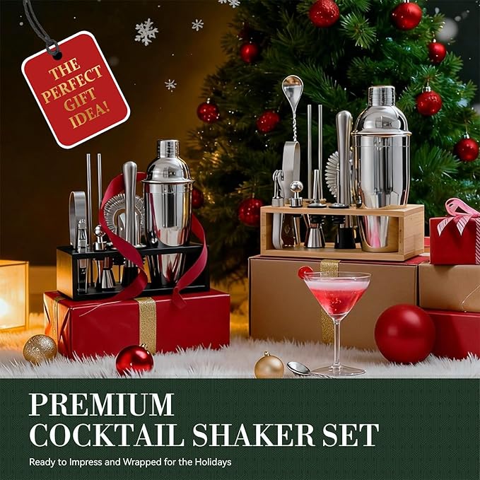 TNGO Cocktail Shaker Set Bartender Kit - Mixology Bar Kit with Natural Stand - Premium Home Bar Tool Set All Bar Accessories Includes Drink Mixer, Muddler, Jigger, Strainer, Bar Mixer Spoon
