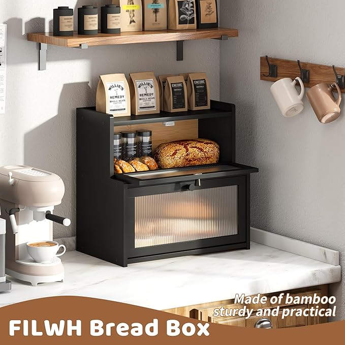 FILWH Bread Box for Kitchen Countertop Double Layer Large Corner Bread Box Capacity Bread Storage Bin Farmhouse Breadbox Container Organizer Cabinet Cupboard Black