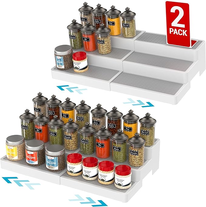 Yan & Hin Pack of 2, 3-Tier Spice Racks, Expandable and Non-Skid, Ideal as Medicine Cabinet Organizers, Kitchen Shelf Pantry Organizer, and Seasoning Organizer, Canned Food Organizer,Species Organizer