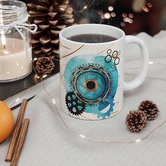 Turquoise, Black, and Copper Gears Coffee Mug for Men, Blue Coffee Mugs for Engineers, Mechanics, or Gear Head gifts,