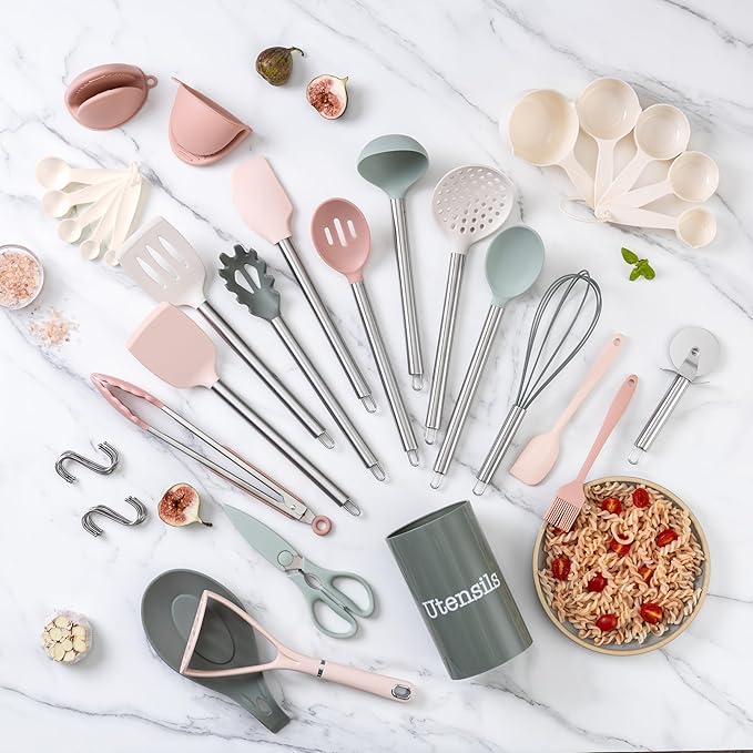 COOK WITH COLOR Silicone Cooking Utensils, Kitchen Utensil Set, Easy to Clean Silicone Kitchen Utensils, Cooking Utensils for Nonstick Cookware, Kitchen Gadgets Set, 38 Piece, Mint