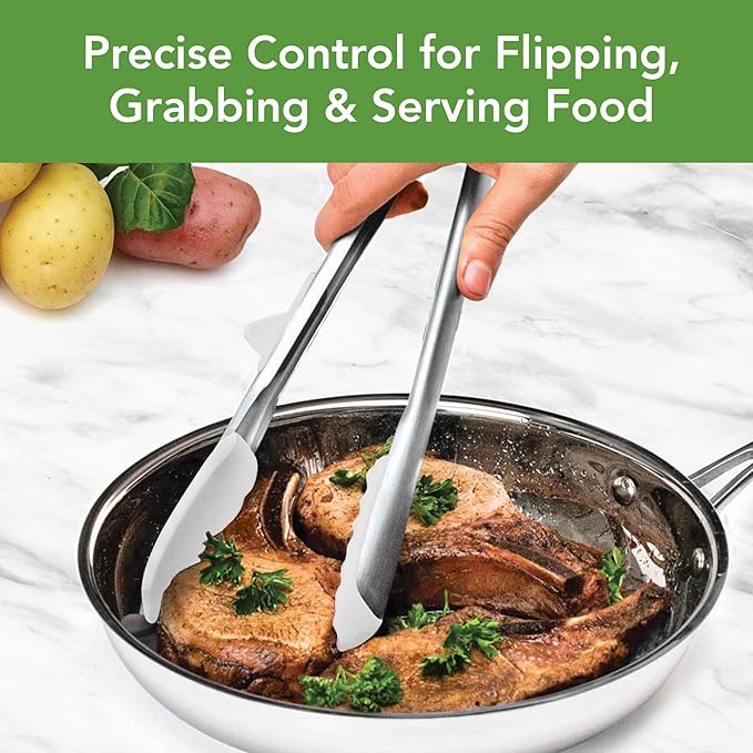 Tovolo Tongs With Silicone Tips Easy Grip 13” Long Kitchen Tongs Stainless Steel Handle For Cooking BBQ, Non Scratch Heat Resistant Locking Metal Tongs Silicone Tipped Dishwasher Safe BPA Free, White