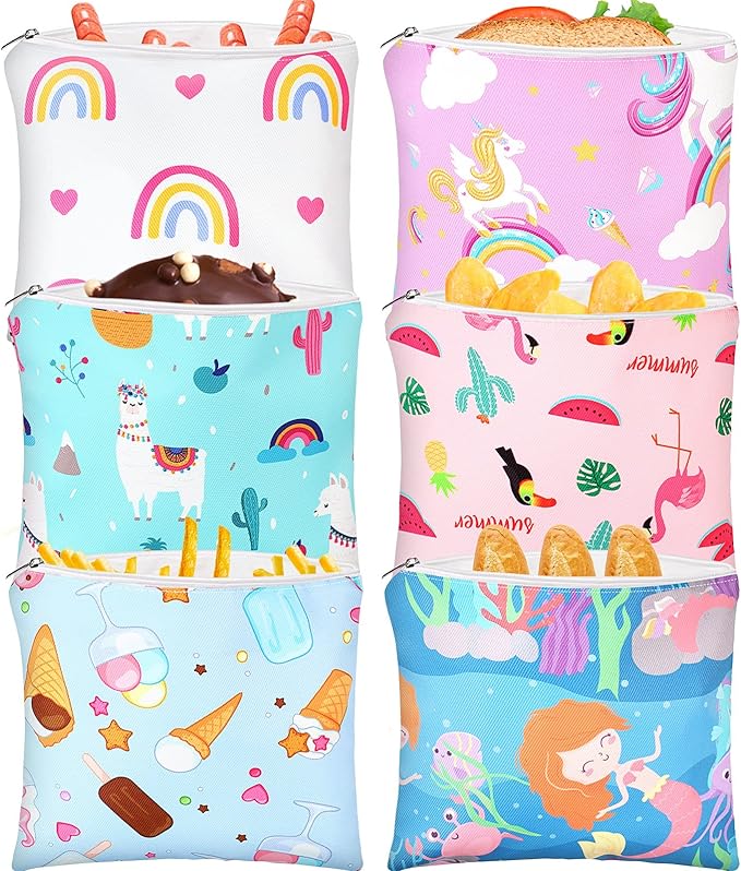 Chumia 6 Pcs Reusable Snack Bags Christmas Gifts Food Safety Washable Snack Bags Lunch with Zipper Portable Sandwich Bag Food Storage Pouch Double Layer(Cute,7 x 7 Inches)