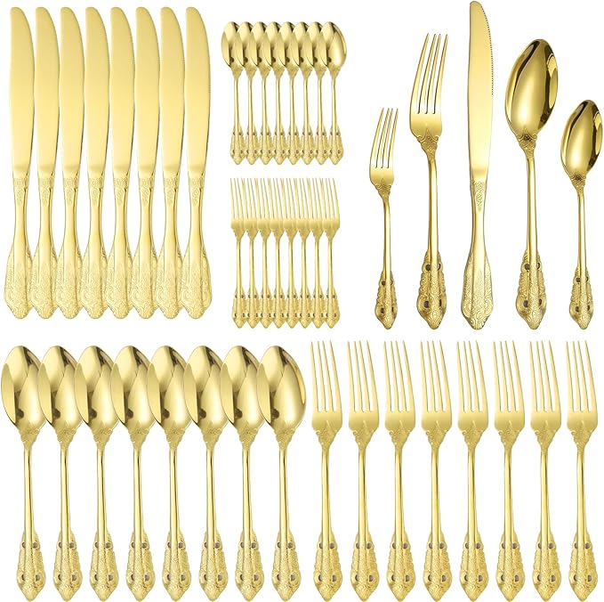 Royal Silverware Gold Retro Stainless Steel Flatware 40 Piece Forks Knives and Spoons Heavy Duty Kitchen Utensil Daily Use Festival Parties