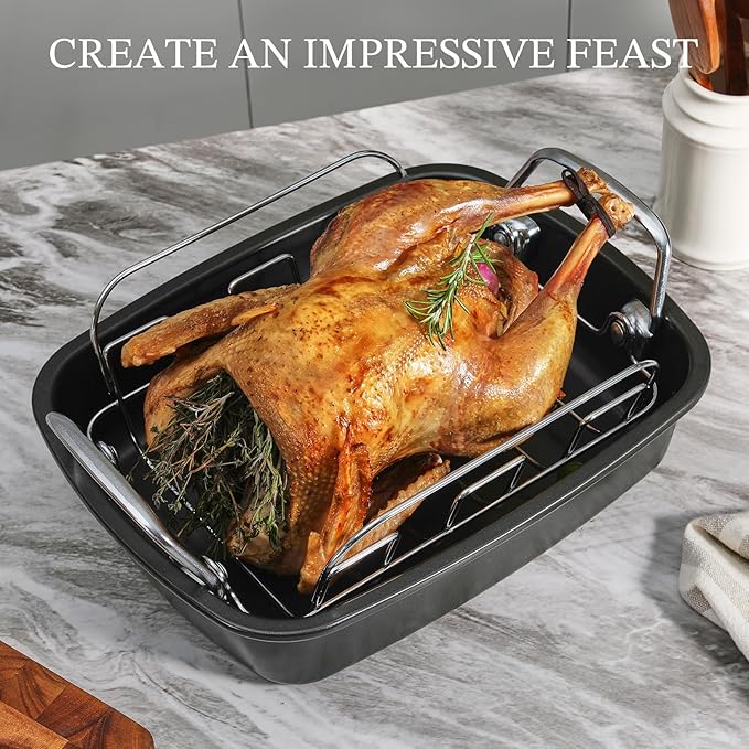 KITESSENSU Large Roasting Pan with Rack - 25 LB Nonstick Turkey Roaster Pan for Oven - Heavy Duty Carbon Steel Roasting Pan with Wider Handles for Chicken, Vegetables & Holiday Meals, Gold