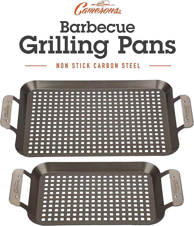 BBQ Grill Topper Grilling Pans (2 Pack)- Non-Stick Barbecue Trays w Stainless Steel Handles- Indoor Outdoor use for Meat, Vegetables & Seafood- Great for Thanksgiving Turkey Dinner & Holiday Xmas Gift