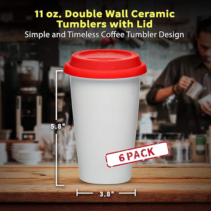 DISCOUNT PROMOS 11 oz. Double Wall Ceramic Tumblers with Lid - 6 Pack - Red