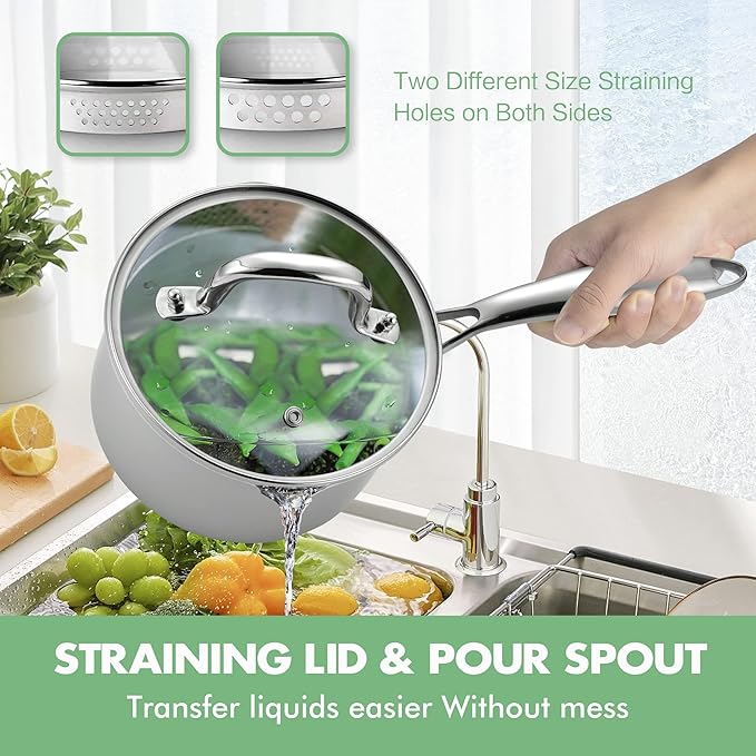 2.0 Quart Stainless Steel Pot Saucepan with Glass Strainer Lid, Sauce Pot with Two Side Spouts, Induction Cooking Pot, Multipurpose Sauce Pan with Lid for Cooking