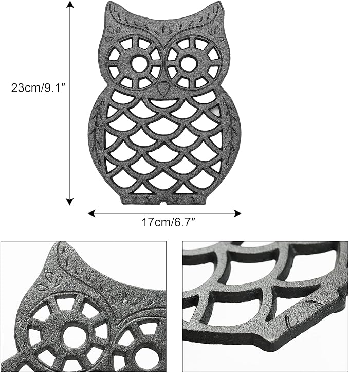 Sungmor Decorative Cast Iron Owl Trivet – Heat-Resistant Vintage-Style Hot Plate for Kitchen Counter or Table – Heavy Duty Metal Trivet with Rubber Feet – Black Rustic Finish