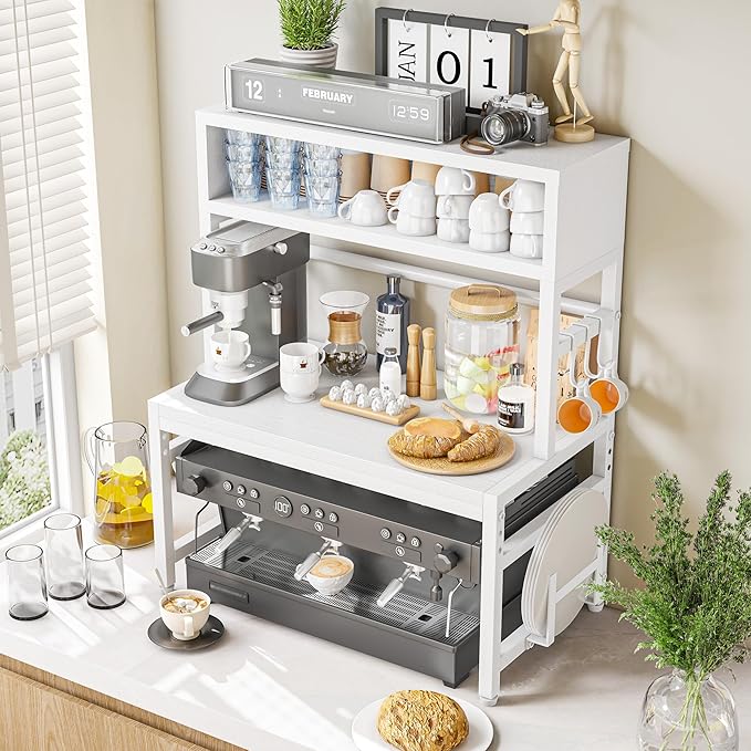 EnHomee Microwave Stand, 205LBS Microwave Shelf, Adjustable Countertop Shelf Heavy Duty 4-Tier with 9 Hooks for Kitchen Counter Organizer, Microwave Stand with Storage and Microwave Oven Rack (White)