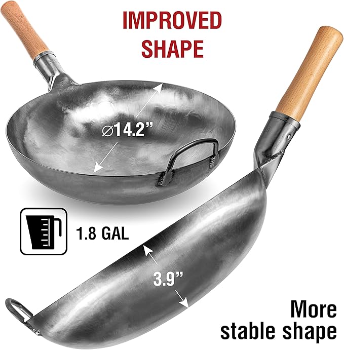 YOSUKATA Silver Round Bottom Wok Pan – 14" Woks and Stir Fry Pans + 17’’ Wok Spatula and Ladle - Set of 2 Heat-Resistant Wok Tools - Universal Wok Ladle Flat Bottom Pow Wok