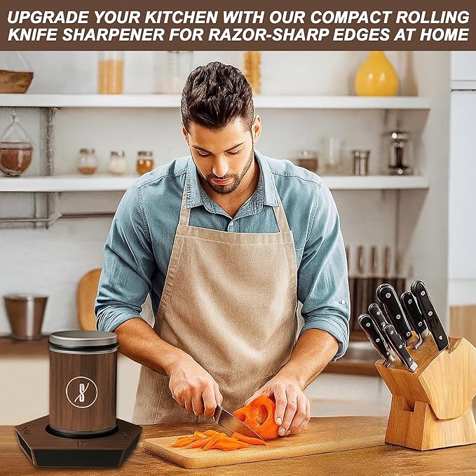 SKILO Rolling Knife Sharpener Made of Black American Walnut - Tumbler Knife Sharpener Knife Sharpening With Diamonds & Ceramic for Steel of Any Hardness With Magnetic Angle