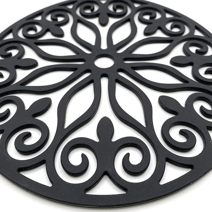 3 Set Silicone Trivet Mats with 1 Extra Large Included | Intricately Carved Insulated Flexible Durable Non Slip Thick Round Premium Trivets for Hot pots and Pans | Black