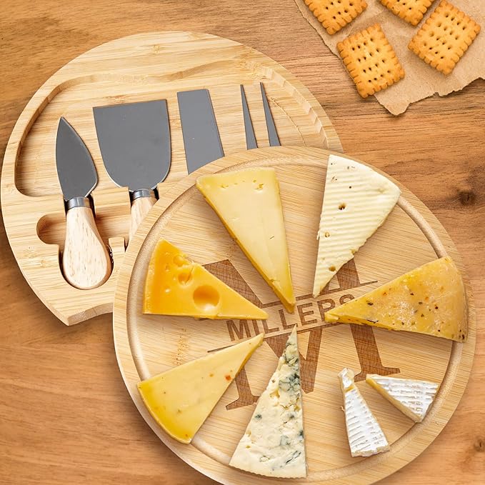 Custom engraved luxury charcuterie board & knife set/4pcs, personalized cheese chopping serving tray for fruits, food, dessert, bread for table decoration, personalized gift for dinner host (Monogram)