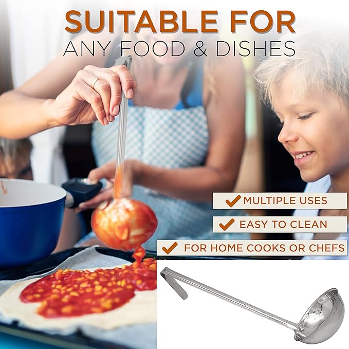 Fit Meal Prep Stainless Steel Soup Ladle - One-Piece Sauce Spatula with Hook Handles, Commercial Grade Serving Spoon, Kitchen Tool for Restaurant or Home Cooking, 14.75” Long - [Pack of 2] 12 Oz