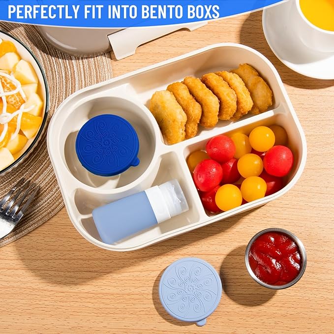 8-Pack Salad Dressing Container To Go, 2-oz Silicone Small Condiment Squeeze Bottles and 1.6 oz Stainless Steel Sauce Containers Cups, Leakproof Condiment Containers with Lids for Lunch Box