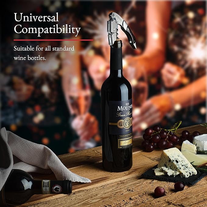 Barvivo Wine Opener with Foil Cutter and Cap Remover - Double Hinged Corkscrew for Bartenders - Stainless Steel Wine Key for Easy Bottle Opening - Manual Wine Bottle Opener - Ebony Wood, 4.7x1.2-Inch
