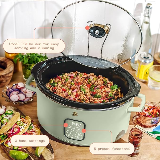 Beautiful 6 Qt Programmable Slow Cooker with Touch Control, Digital Timer and Keep Warm Function – Large Electric pot Capacity Kitchen Appliance by Drew-Barrymore (Sage Green)