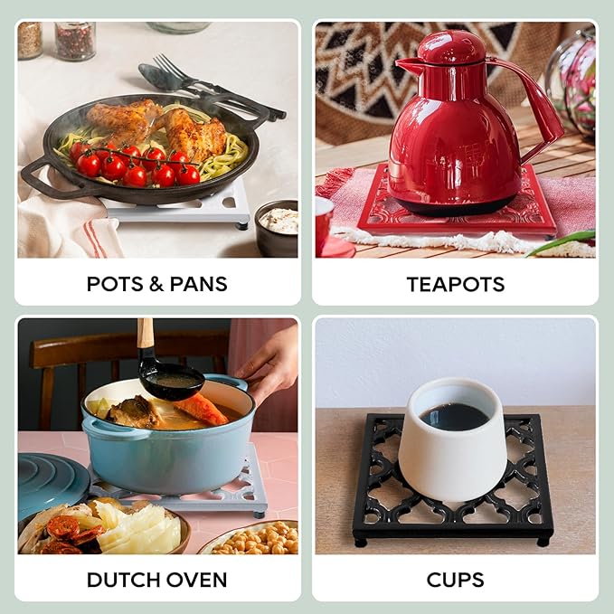 JOGREFUL Cast Iron Trivet Mats, Kitchen Pot Holders to Portect Table/Countertops, Heat Resistant Mats for Teapot/Hot Dishers/Plates, Vintage Mats with Weighted-Base, Black