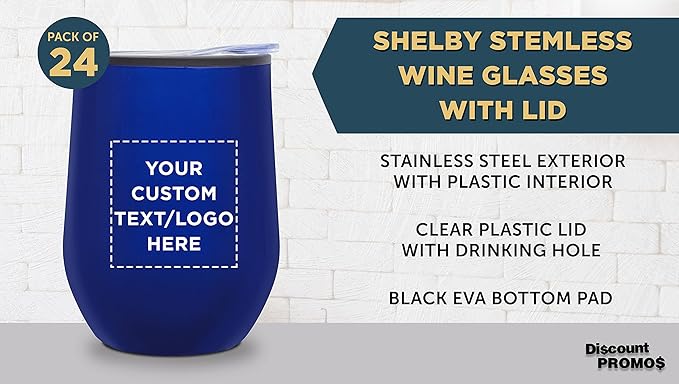 Custom Stemless Wine Tumblers 12 oz. Set of 24, Personalized Bulk Pack - Insulated, Perfect for Wine, Cocktails, Other Hot & Cold Beverages - Blue