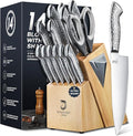 14 PCS Knife Set with Wood Block - Stainless Steel Kitchen Knife Block Set with Built in Sharpener, Dishwasher Safe, Rust Resistant, Non-Slip Ergonomic Handle - Gift for Men Women and Housewarming