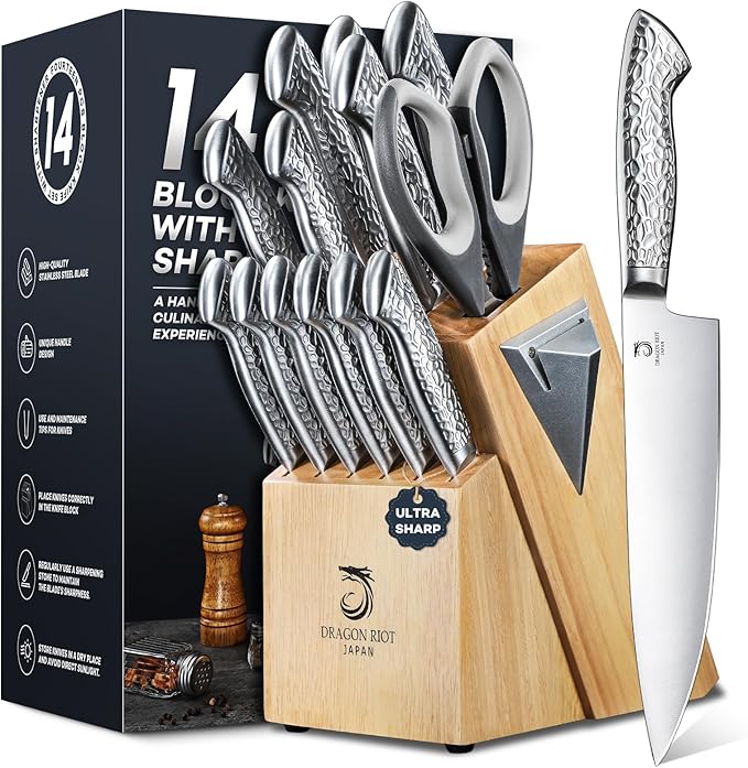 14 PCS Knife Set with Wood Block - Stainless Steel Kitchen Knife Block Set with Built in Sharpener, Dishwasher Safe, Rust Resistant, Non-Slip Ergonomic Handle - Gift for Men Women and Housewarming