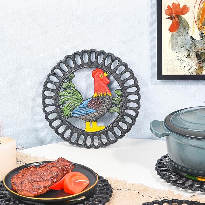 Sungmor Heavy Duty Cast Iron Trivet,Decorative Painting Trivet for Kitchen or Dinning Table,7.5x7.5 Inch - Round with Vintage Lovely Cock Pattern
