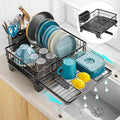 GSlife Extendable Dish Drying Rack - Large 2-in-1 Dish Racks for Kitchen Counter or Over Sink, Anti-Rust Dish Drainer with Pan Slots and Utensil Holder, 13.4"-22.4" L x 16.7" W, Black